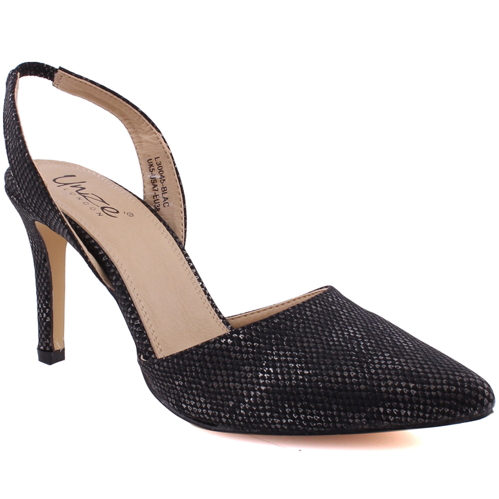 Women “LARA” Sling Back Textured Stiletto Closed Toe Courts