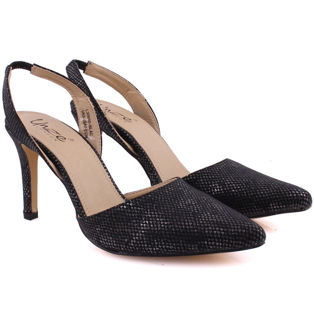 Women “LARA” Sling Back Textured Stiletto Closed Toe Courts