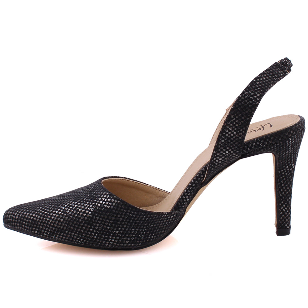 Women “LARA” Sling Back Textured Stiletto Closed Toe Courts