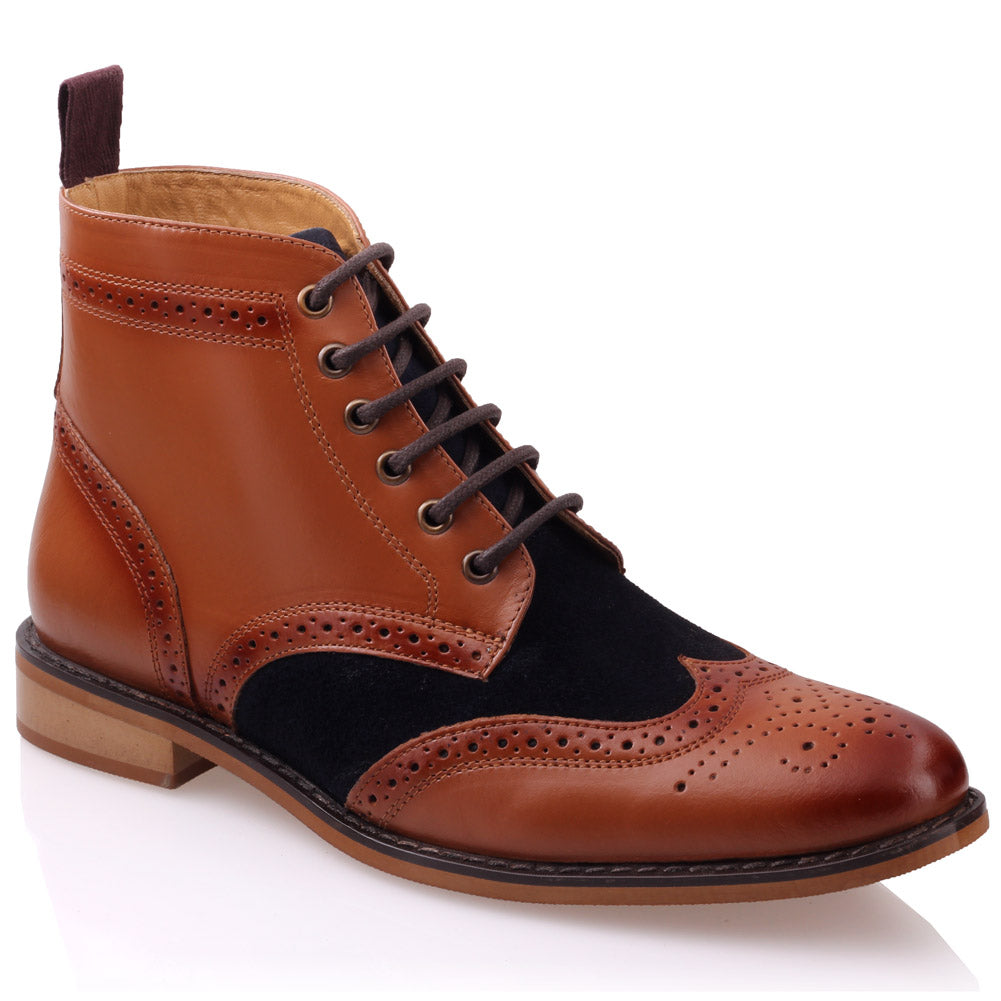 Mens 'Bourne' Leather Boots Smart Formal Brogue Combat Lace Ankle Boots Shoes