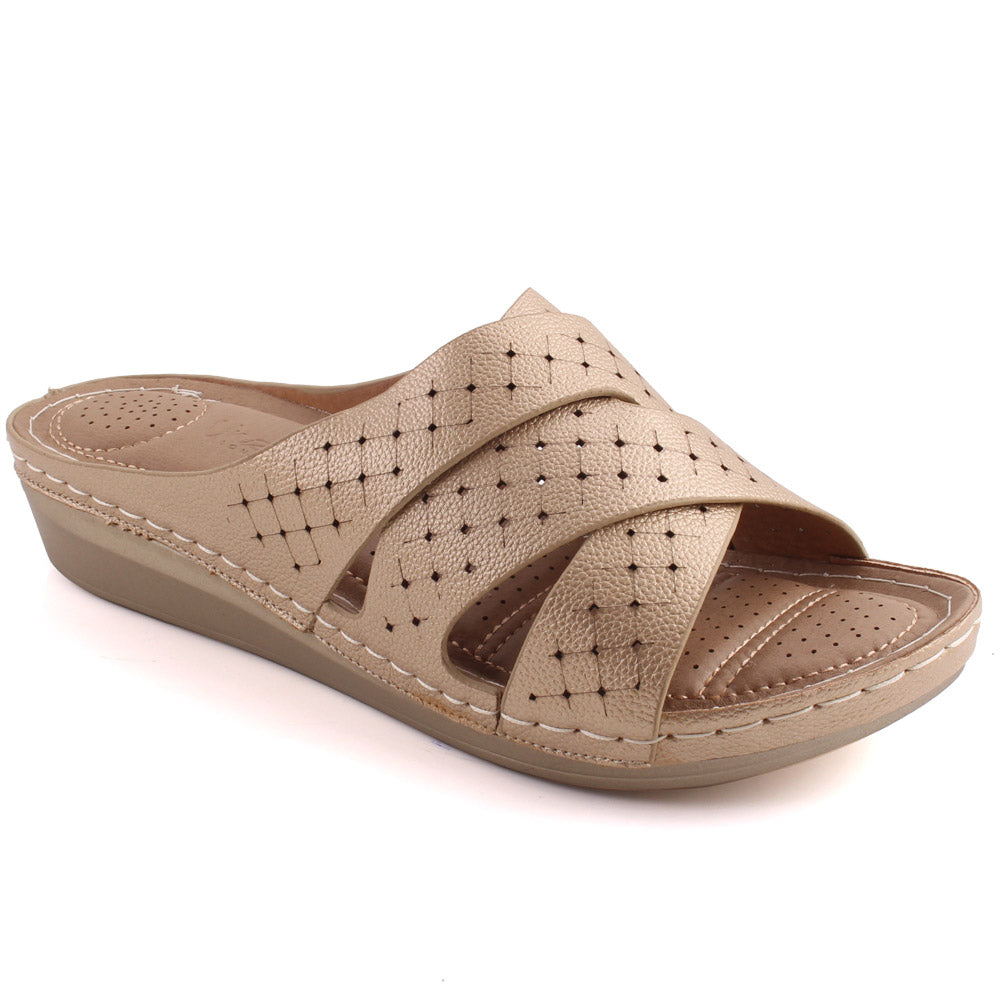 Women “DARLENE” Criss-Cross Strap Perforated Comfort Wedge Slippers