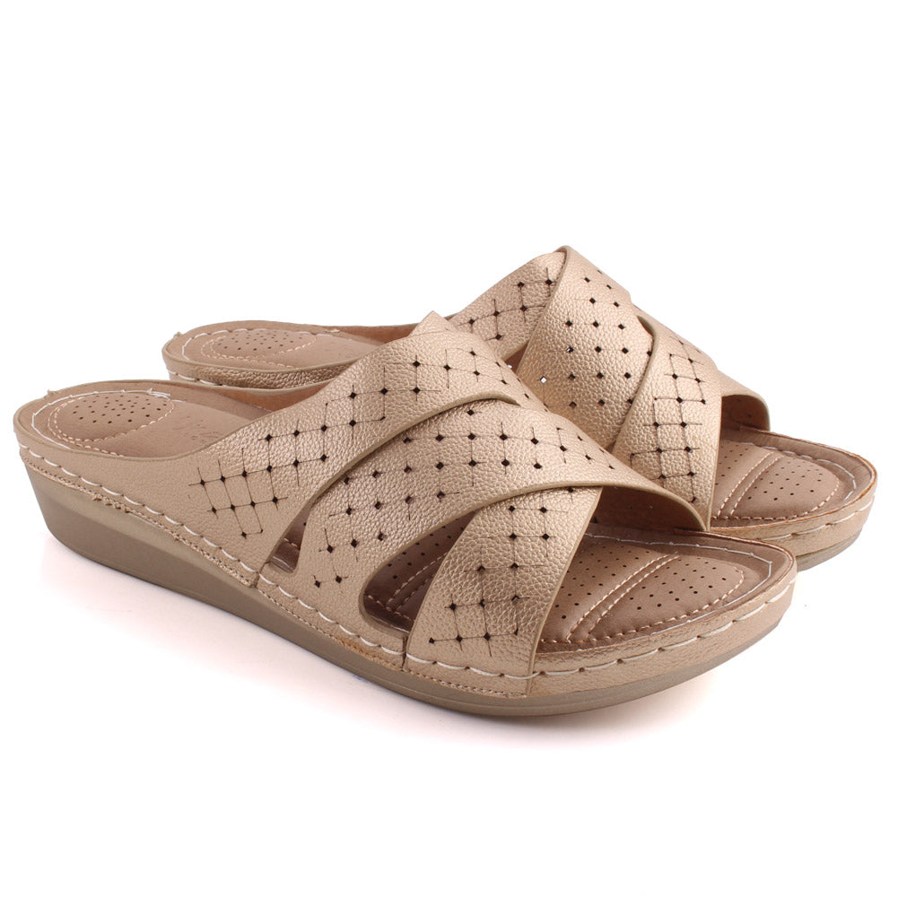 Women “DARLENE” Criss-Cross Strap Perforated Comfort Wedge Slippers