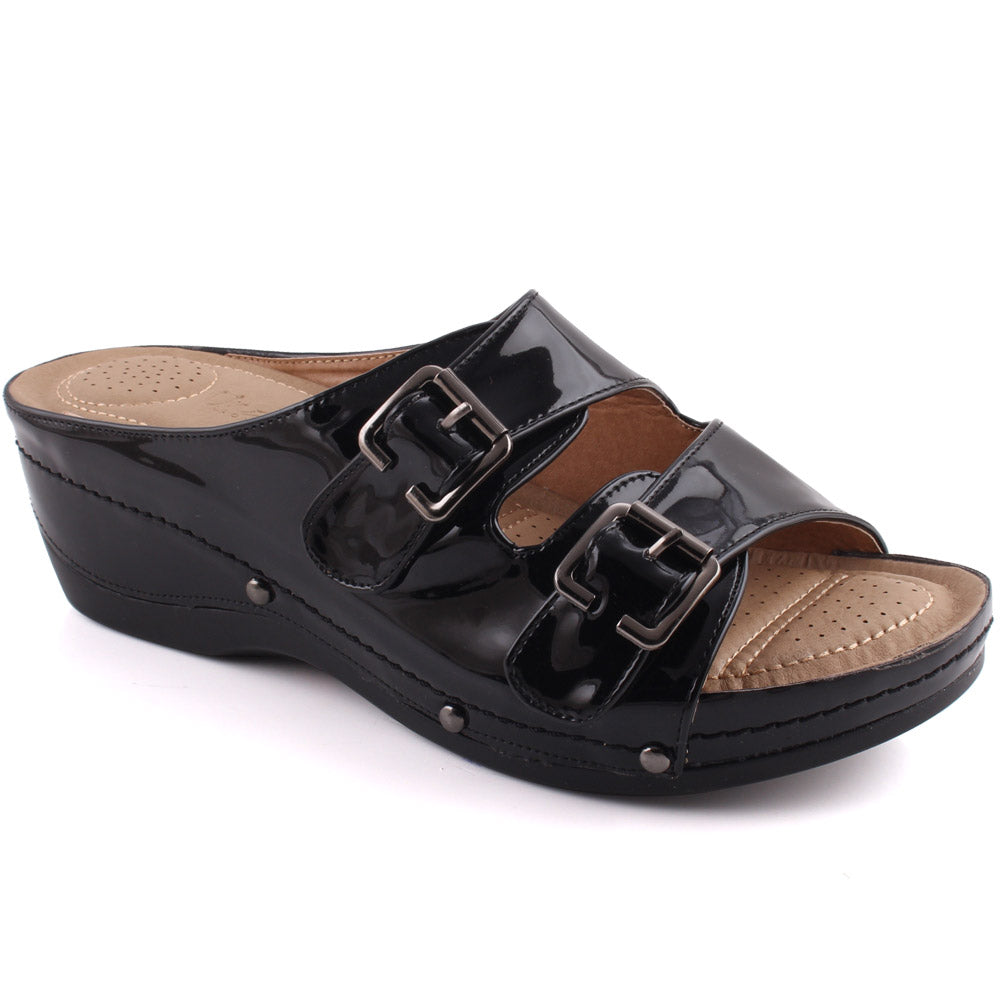 Women “FANNIE” Dual- Strap Flap Buckle Design Comfort Wedge Slippers