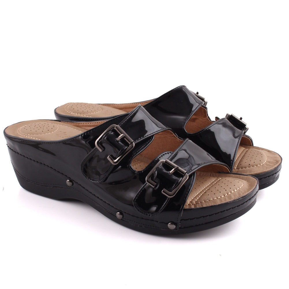 Women “FANNIE” Dual- Strap Flap Buckle Design Comfort Wedge Slippers