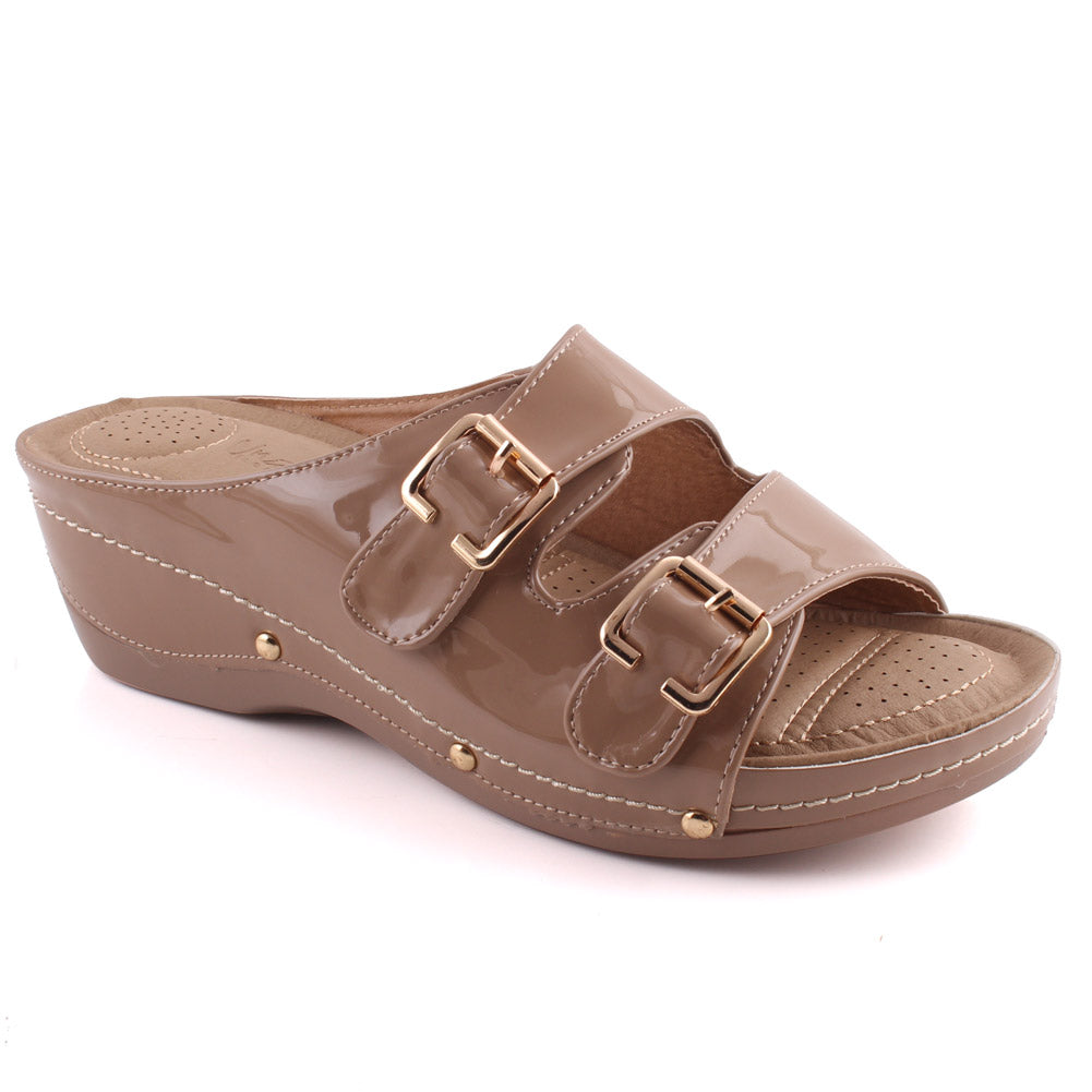 Women “FANNIE” Dual- Strap Flap Buckle Design Comfort Wedge Slippers