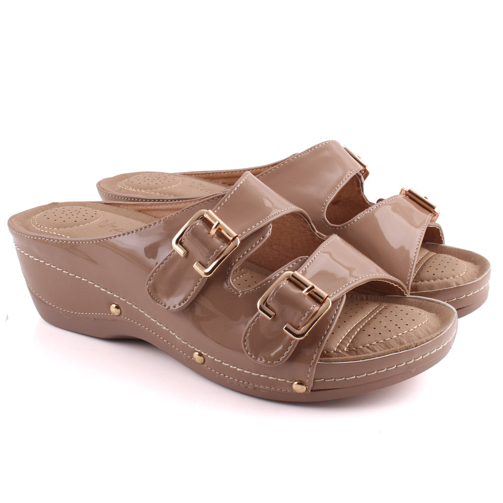 Women “FANNIE” Dual- Strap Flap Buckle Design Comfort Wedge Slippers