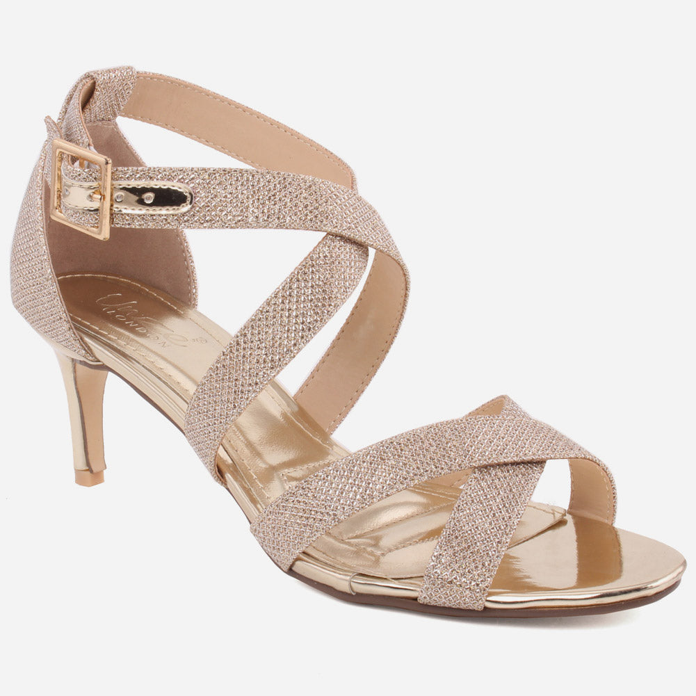 Women “GALILA” Cross Over Strap Peep Toe Shimmer Kitten Heel Sandals